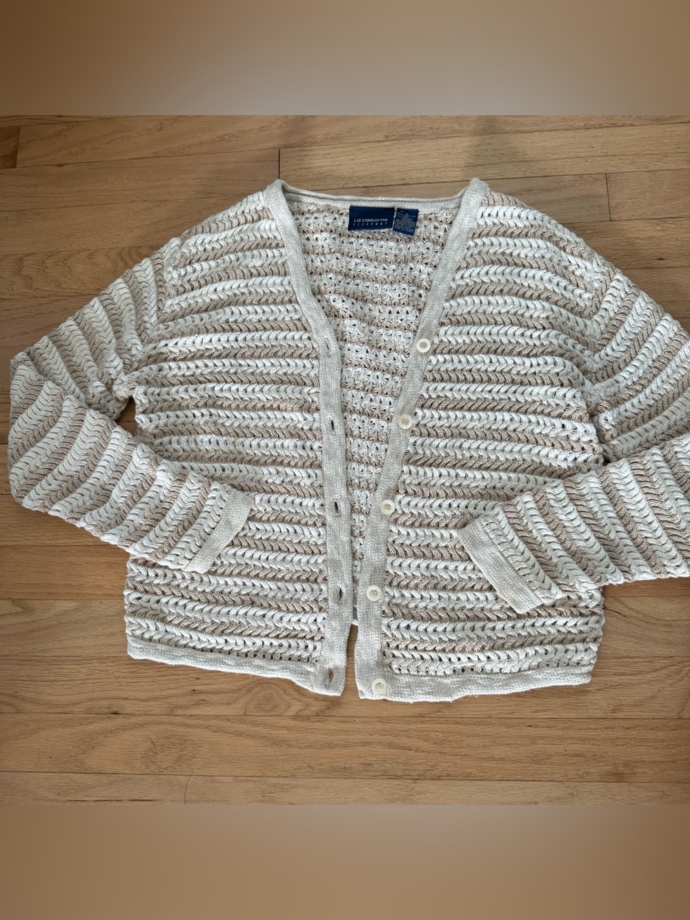 Vintage Liz Claiborne White & Tan Striped Linen & Cotton Knit Cardigan Sweater M
